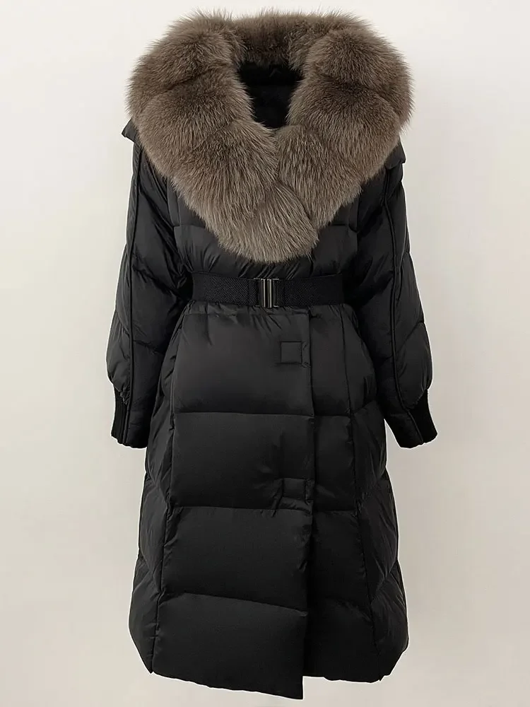 2025 المرأة الشتاء سترة طويلة الطبيعية ريال الراكون الثعلب الفراء طوق الأبيض بطة أسفل معطف حزام سميكة الدافئة ملابس خارجية غير رسمية