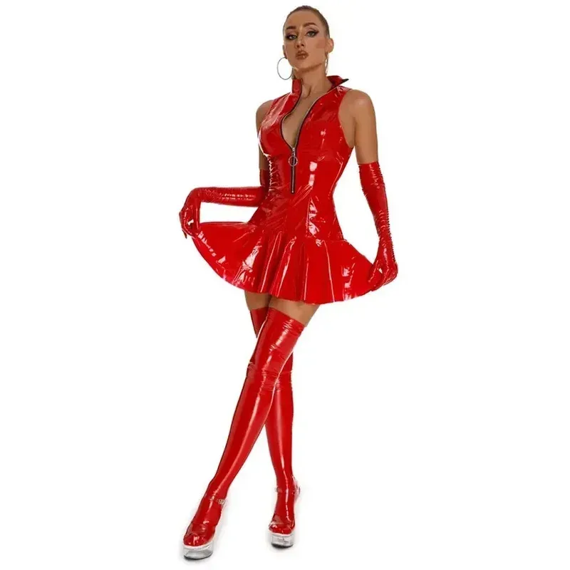Vestido LQPlus de talla grande de PVC brillante para mujer, minifalda Sexy de látex de PVC brillante con guantes y media, vestido plisado de látex para baile en barra