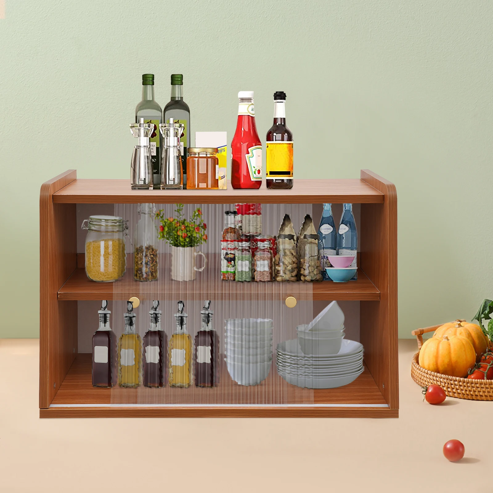 

2-tier Bread Box for Kitchen Counter Countertop Storage Cabinet with Sliding Doors Countertop Storage Cabinet for Dish Bowl