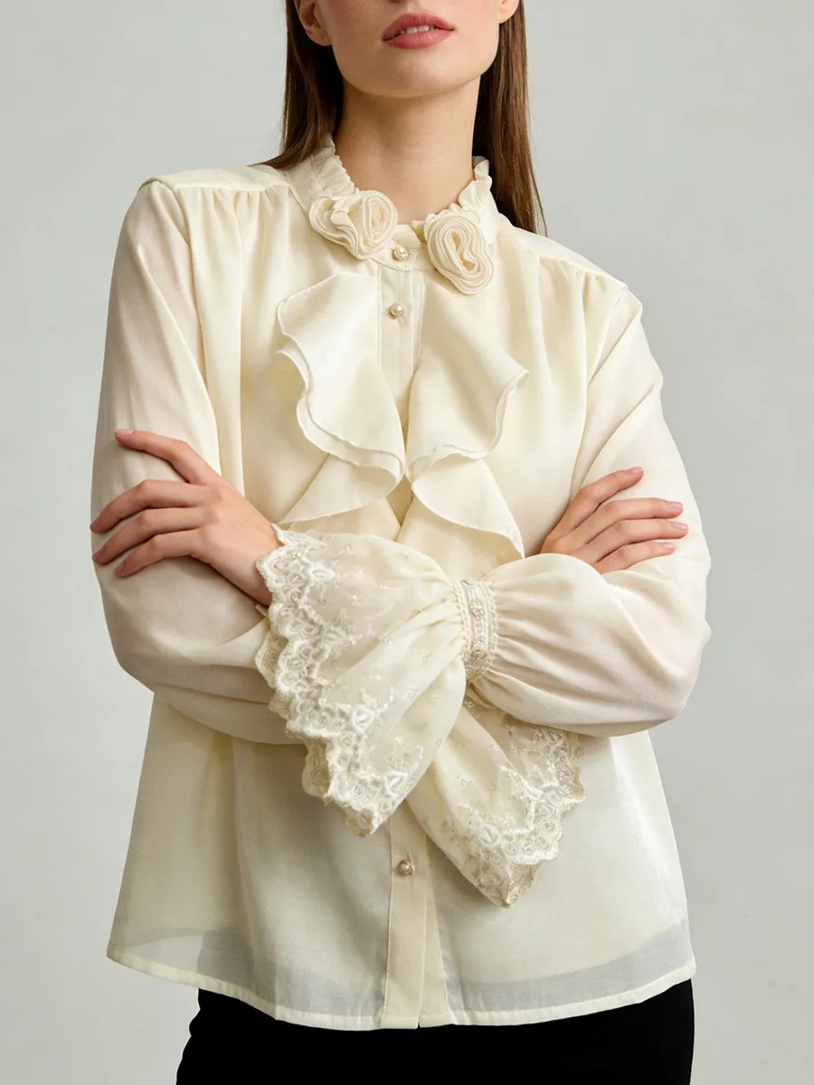 Volants en cascade 3D fleur chemises élégantes pour les femmes manches longues dentelle Patchwork décontracté hauts concepteur de mode chemises Blouses