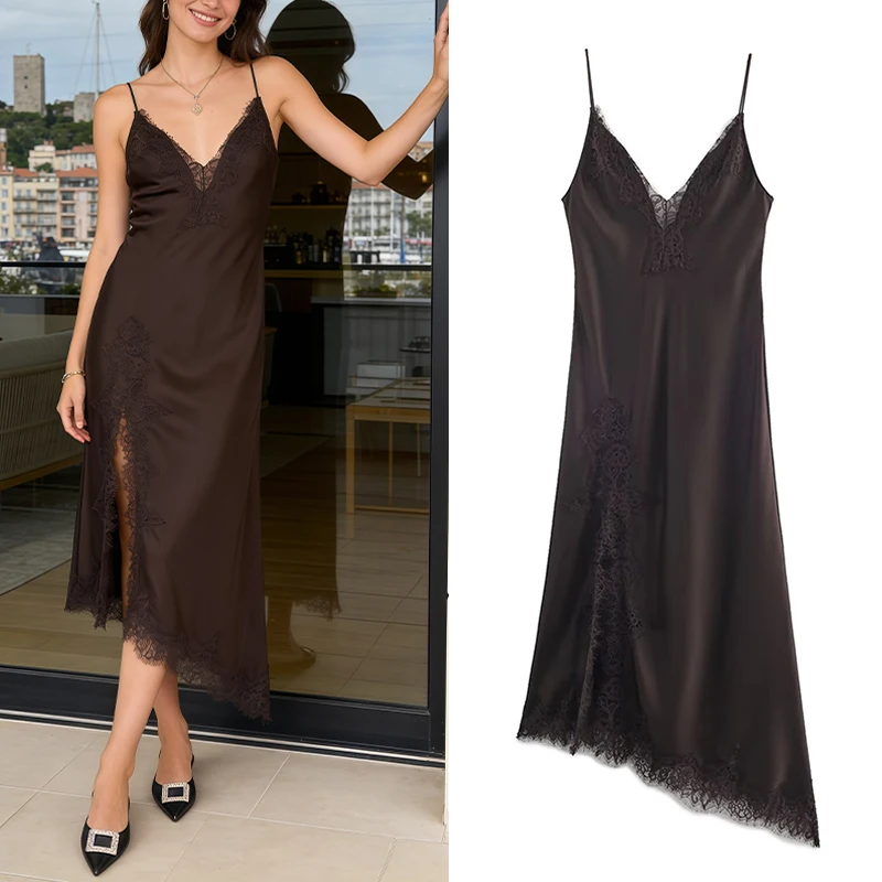 Women's Dress 2025 New Arrivals Spring Brown Asymmetrical Lace-Trim Satin Slip Dress Fashion Sexy Chic Women Satin Dress