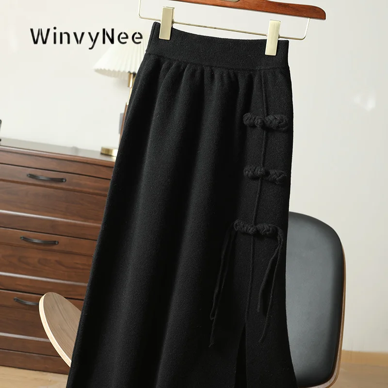 WinvyNee Women Midi Skirt Pure Wool Retro Frog Button Split Hem Elastic Waist Oriental Knit Wear Stylish Daily Outfits ZE1853006