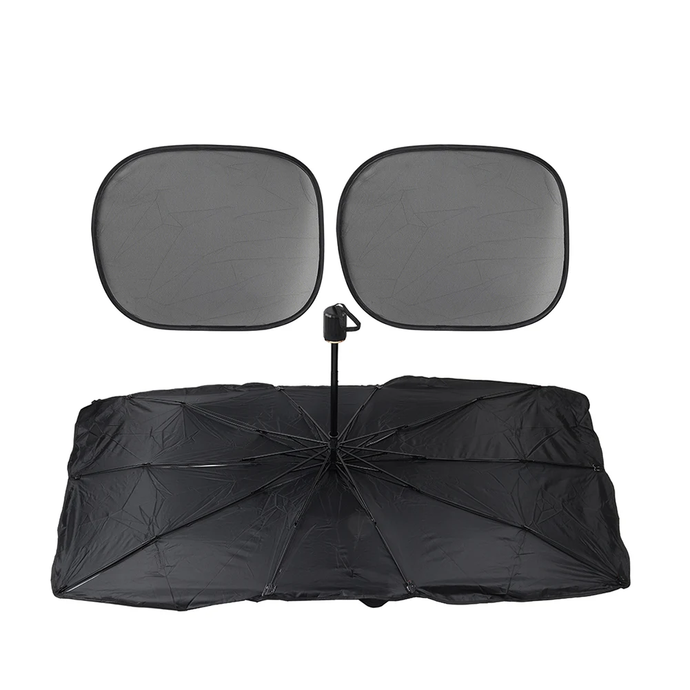 Front Window Cover Sun Shade Foldable Umbrella Car Windshield 3 Pcs Coated Cloth Steel Bone Mesh Fabric Small Silver Black