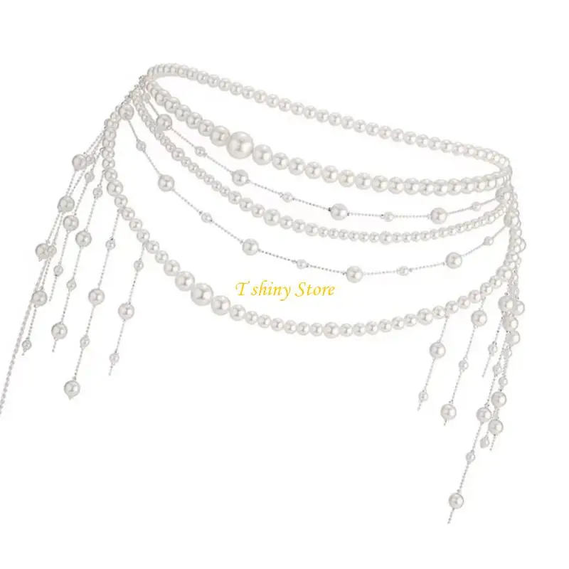 

N58F Multi Layered Waist Chain Beaded Belly Chain Jewellery with Imitation Pearls Tassels Accents for Various Occasion