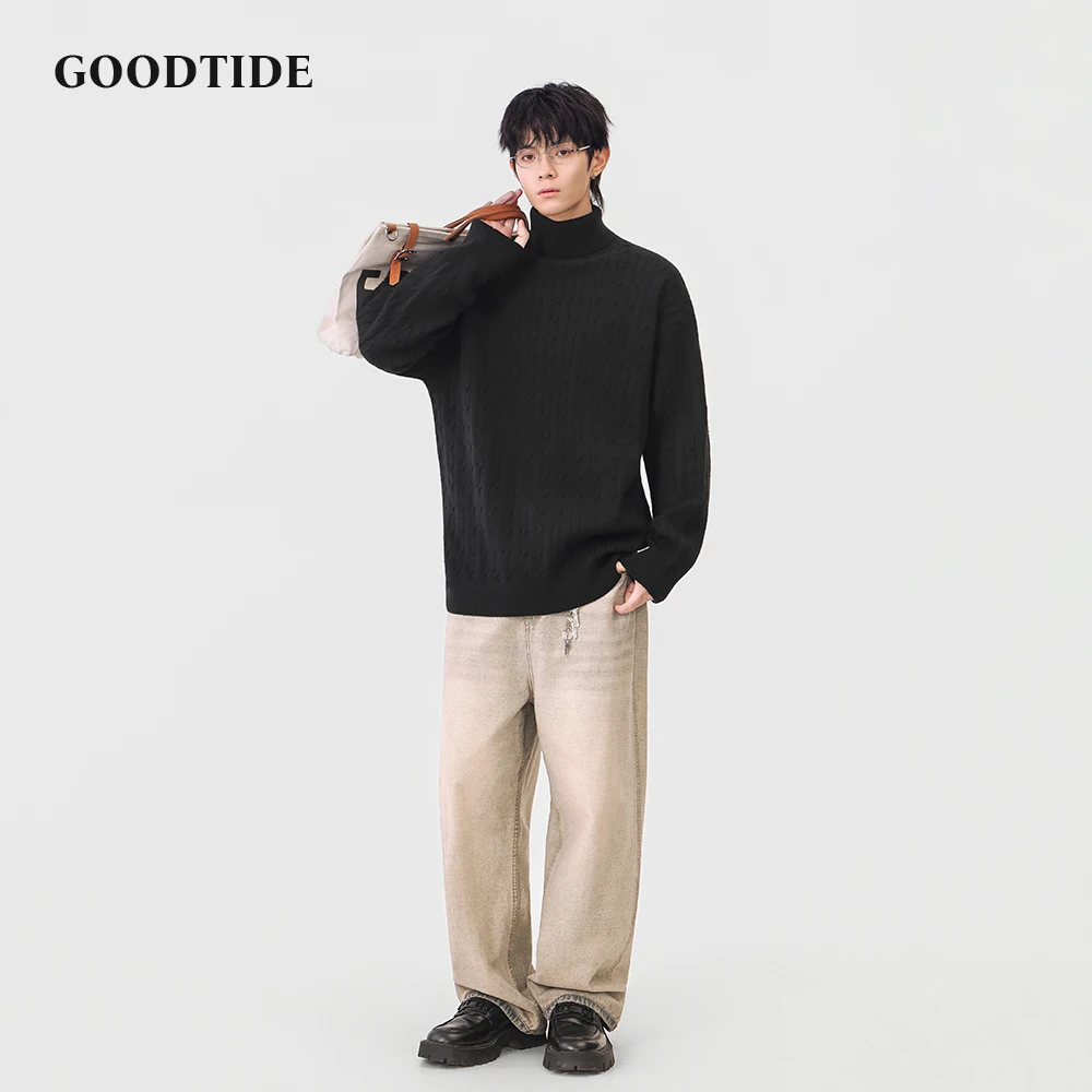 Fashion Men's Casual Turtleneck Sweater 2025 Winter New Cable Knit Pullover Comfortable Soft Long Sleeve Jumper Top