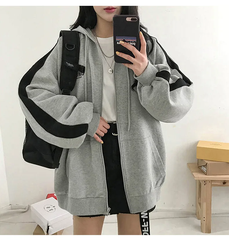 2024 Autumn Warm Gray Zip Up Cardigan Oversized Women Velvet Hoodies Sweatshirts Harajuku Korean Long Sleeve Pocket Jackets Coat