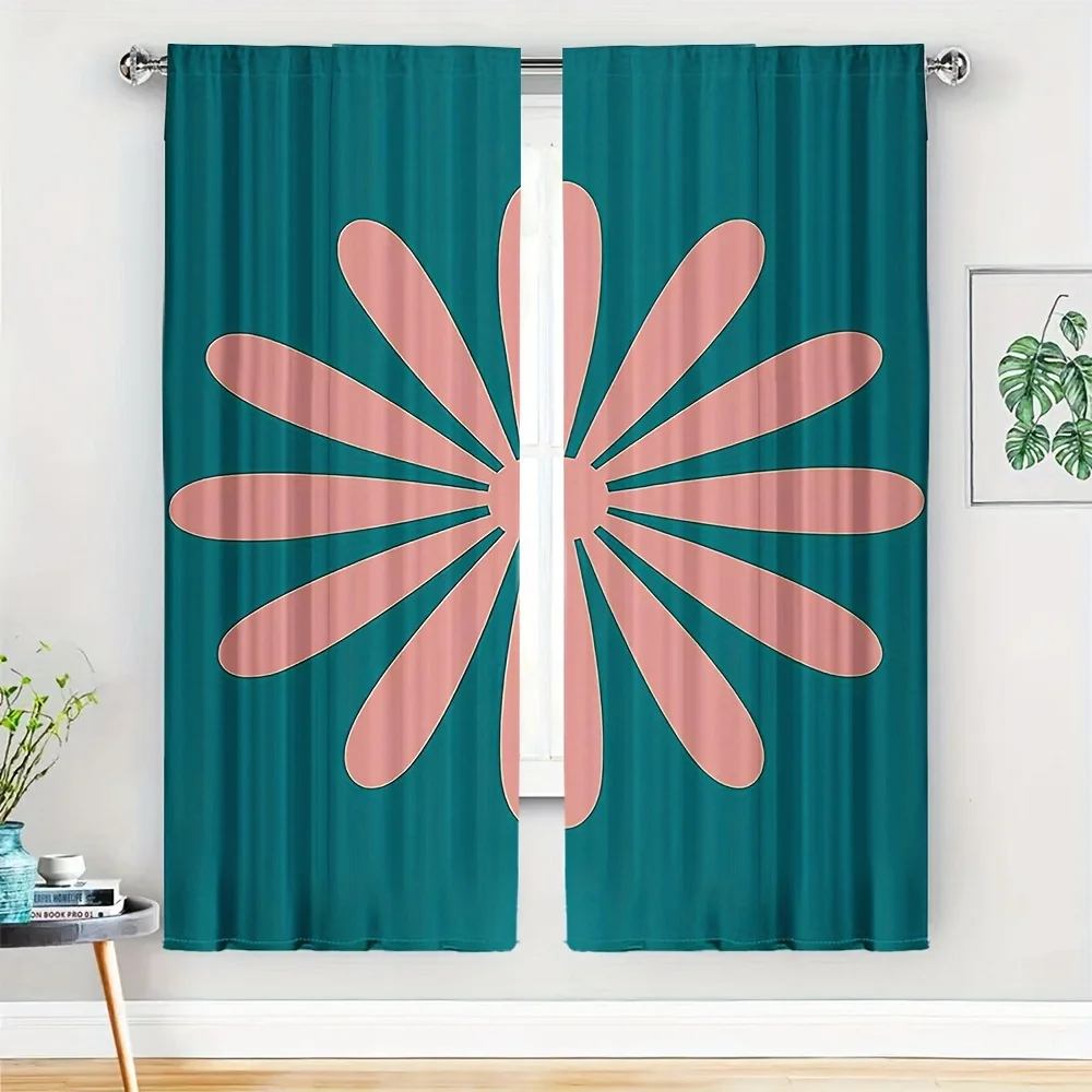 2pcs Flat-Design Floral Curtain No Rod — Teal Background, Bold Pink-Orange Abstract Bloom, Vector Style for Modern Home Decor,