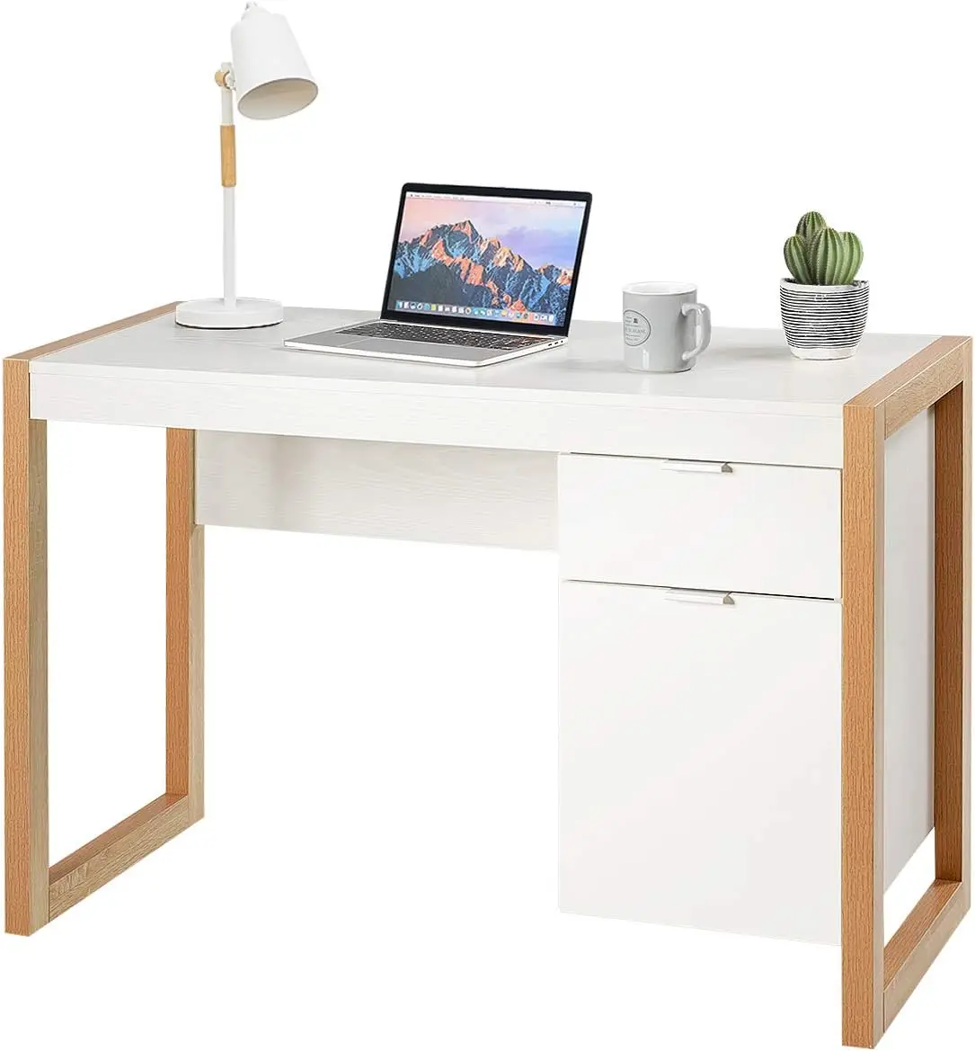 Desk with Drawer & Cabinet, Wooden Home Office Desk, PC Laptop Workstation Study Writing Desk, Ideal for Bedroom Home Office