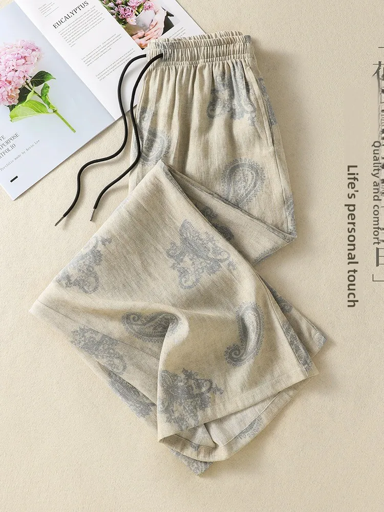 Retro Blue And White Porcelain Print Cotton Linen Wide Leg Pants Women Summer Drape Elastic High Waist Casual Pants plus Size...
