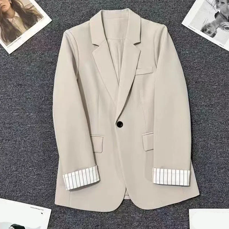 2025 New Beige Notched Collar Jacket Women Korean Chic Patchwork Long Sleeve Small Suit Coat Casual Simple Single Button Blazers