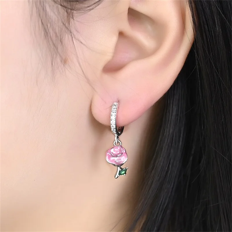 925 Sterling Silver Fashion Cactus Rose Chameleon Dangle Earrings Ladies Fine Party Travel Engagement Wedding Jewelry Gift