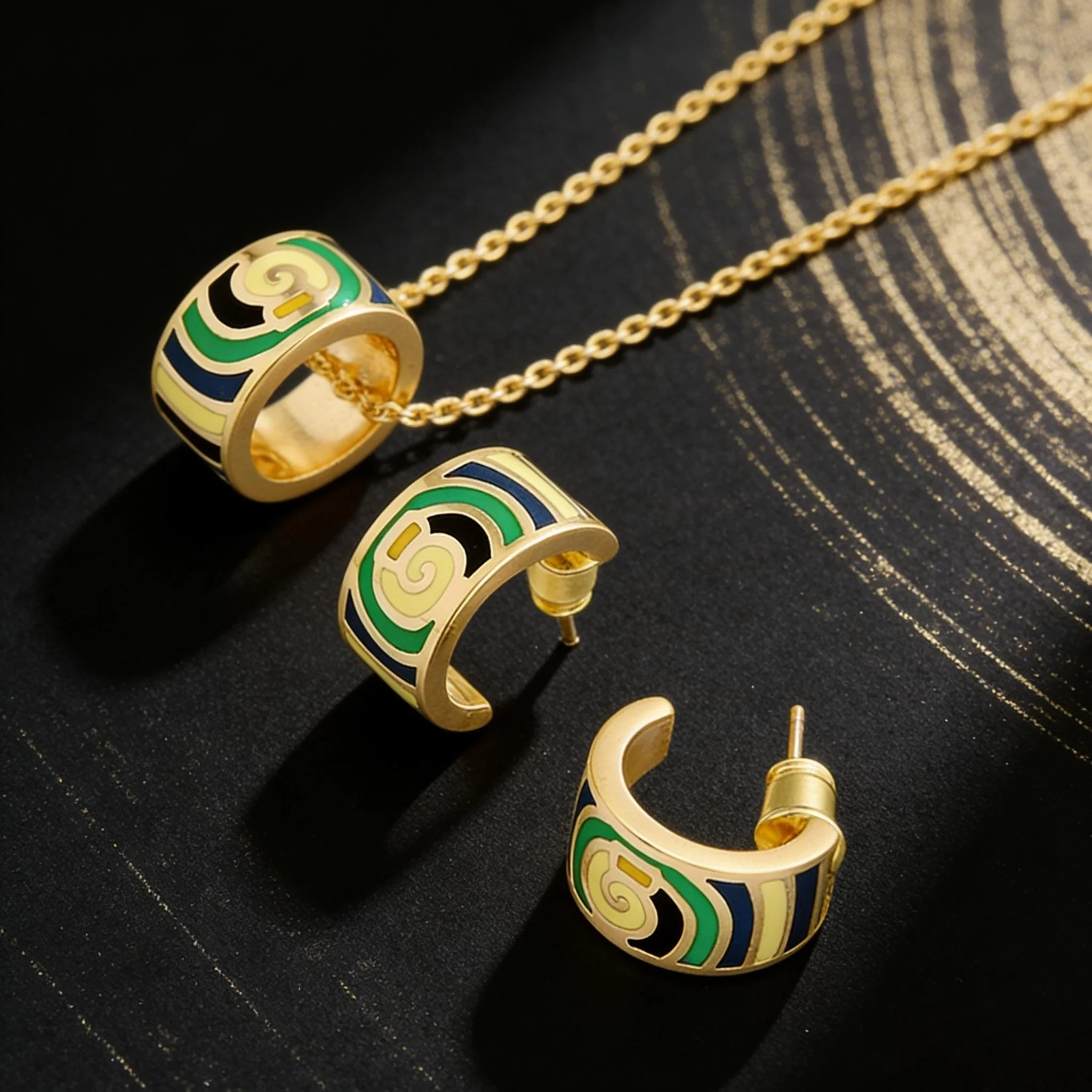 Fashion Geometric Enamel Swirl Earrings Necklace Set - Statement Gold Tone Accessory for Daily Wear