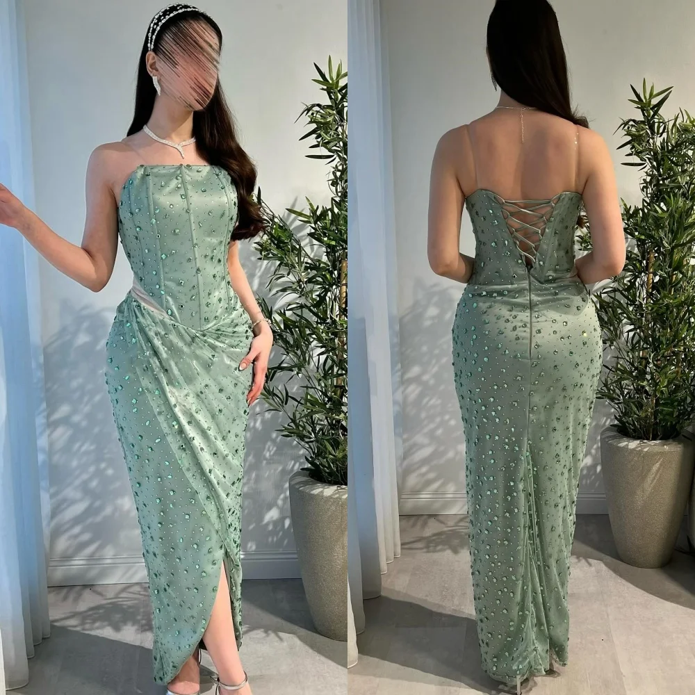 맞춤형 현대 스타일 패션 라인스톤 비즈 장식 스트레이트 스트랩리스 발목 길이 드레스 맞춤형 행사 드레스 고품질