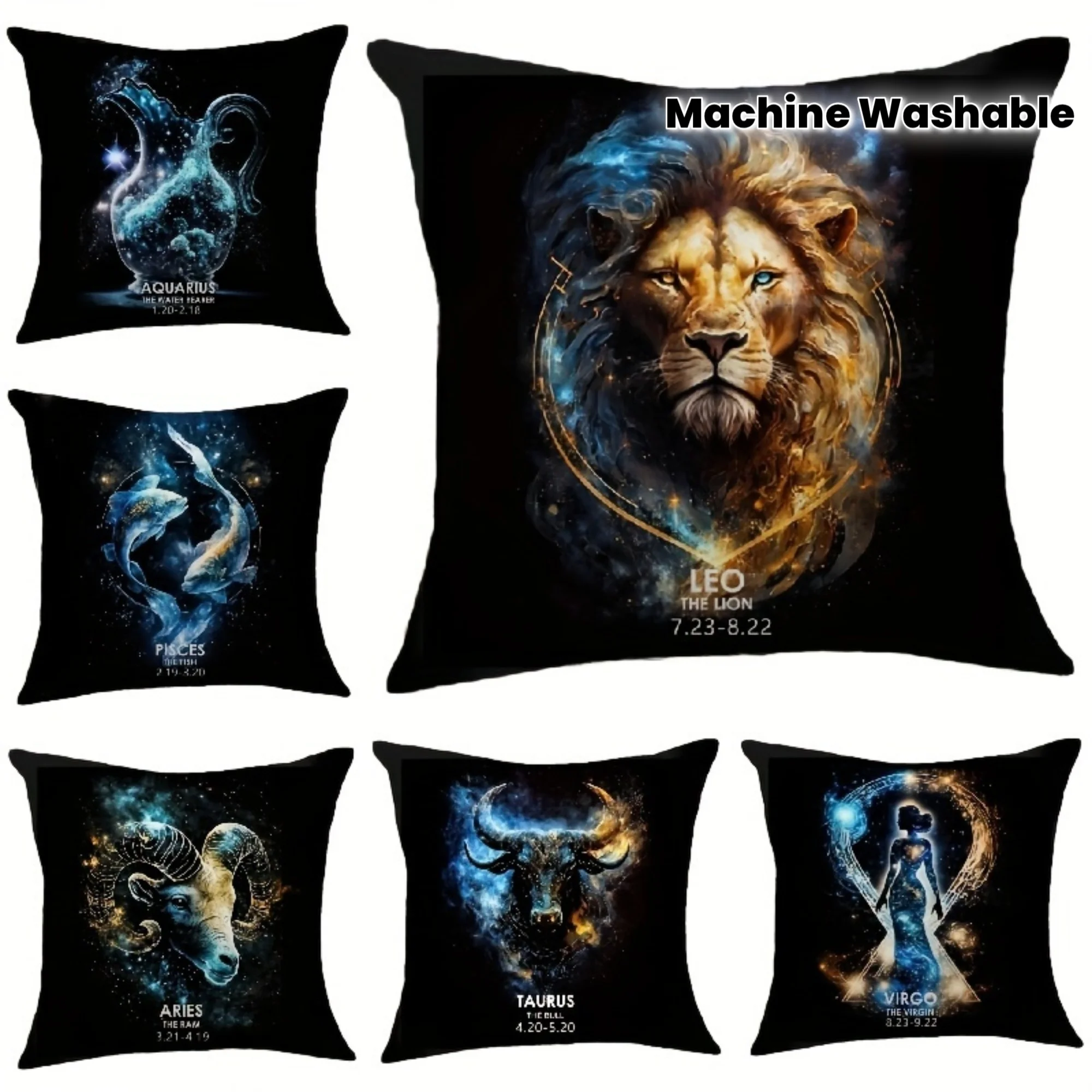 VIKAMA Fundas de cojín del zodiaco oscuro Leo Acuario Escorpio Sagitario Fundas de cojín Lavables a máquina Fundas de cojines de sofá