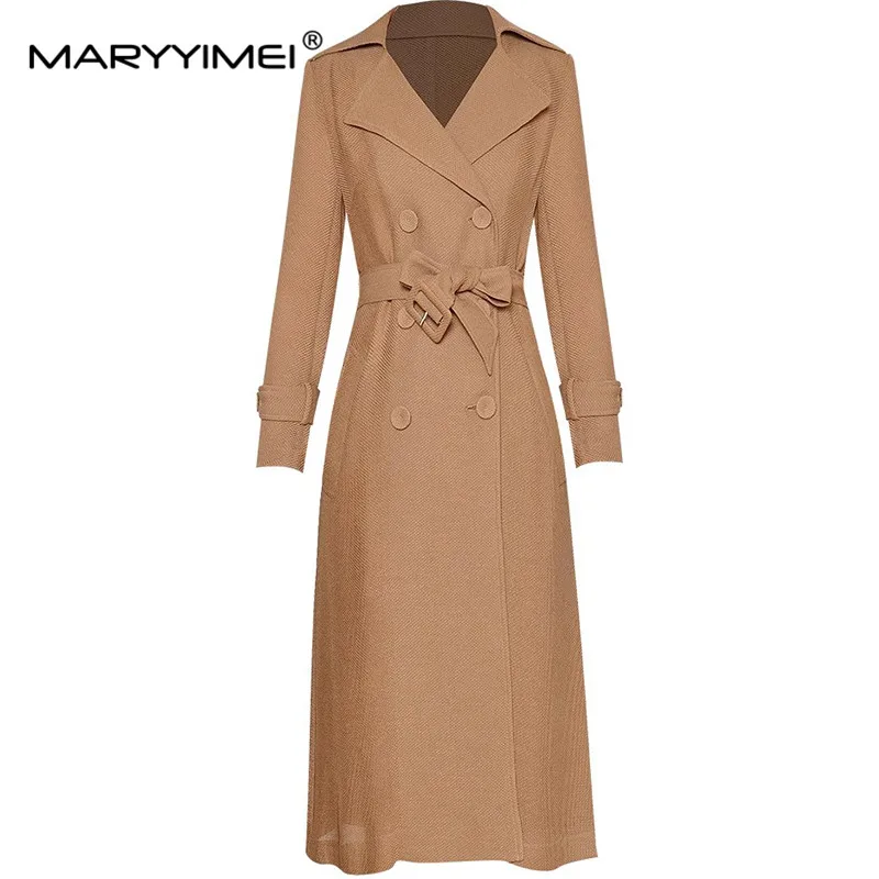 

MARYYIMEI Autumn Winter Women's Notched Collar Double-Breasted Lace-UP Tunic Streetwear Fashion Solid Color Coat