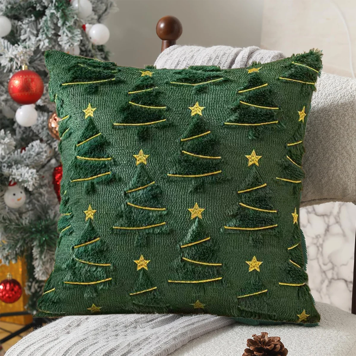 1pc plush Christmas tree Pillow Covers, emerald plush Christmas tree pillowcase with golden stars and pine branches design -18in