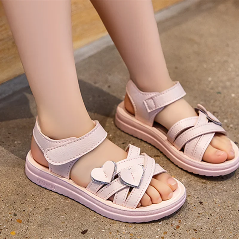 Cute Baby Girls Love Hearts Sandals With Platform Beach Shoes Open Toe Thick Boottom Hoop & Loop Footwear Pink White Sewing Soft