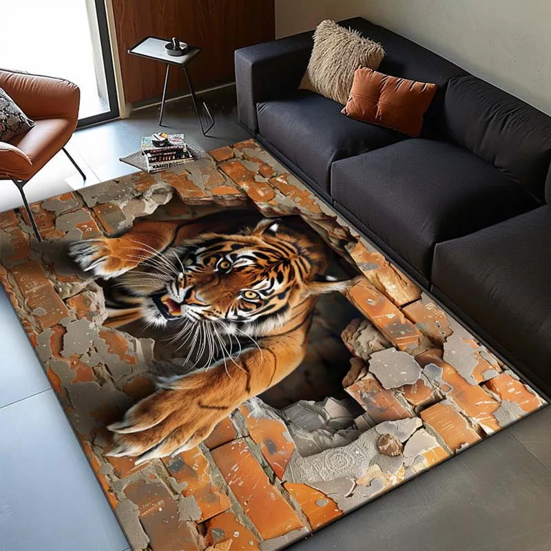 Crystal Velvet 3D Brick Hole Print Angry Tiger in Non-Slip Area Carpet-Realistic Tiger Design, Durable Polyester