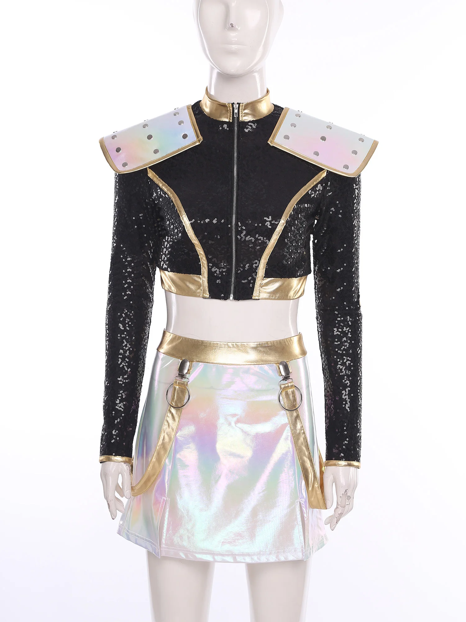 

Women Fashion Two Pieces Halloween Princess Knights Cosplay Outfit Singer Musical Performance Sequins Jacket with Mini Skirt Set