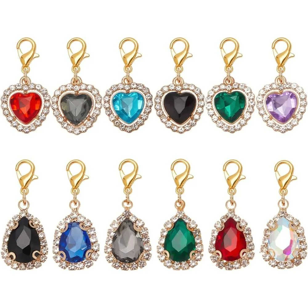 12pcs Heart Collar Pendants for Cat Dog Teardrop Jewelry Charms Rhinestone Pet Collar Pendants Clip-on Charms for Bag Decor