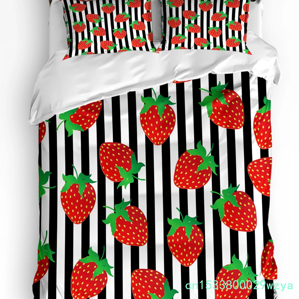 Red Strawberry Black And White Stripes Fruit Bedding Set 3pcs Duvet Cover Pillowcase Quilt Cover Double Bed Set Home Textile
