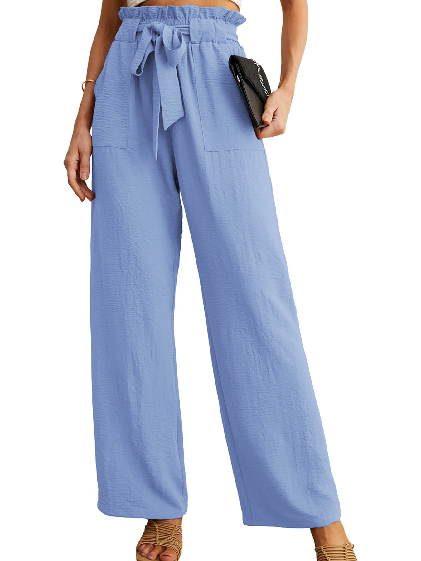 Damen-Freizeithose mit hoher Taille und weitem Bein, mit Taschen, verstellbarem Kordelzug, locker, schlank machend, bequem für den Urlaub – Detail 13