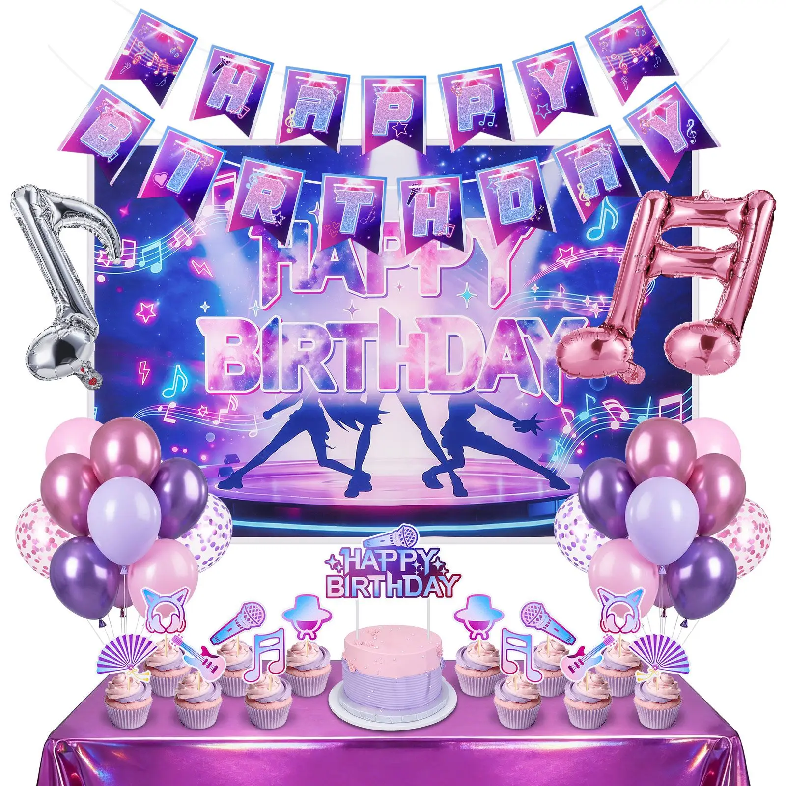 Purple Pink Color Music Theme Decorations Set Backdrop Banner Tablecloth Pop Idol Decor Cupcake Toppers Cake Topper