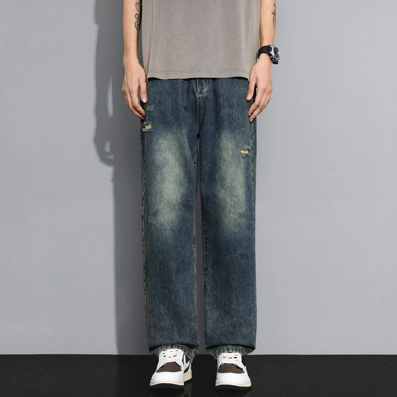 

Autumn New Men's Vintage Ripped Jeans Personalized Wash Fashion Korean Streetwear Male Straight Hole Denim Trousers