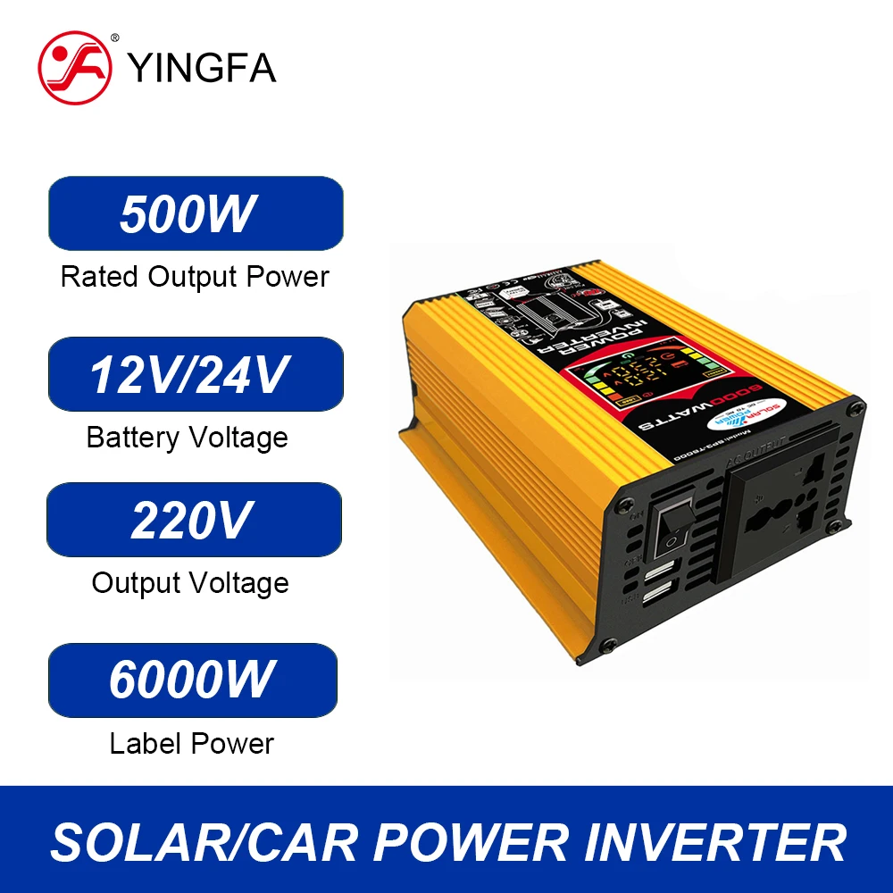 YINGFA 500W DC 12V para AC 110V 220V Conversor de energia de onda senoidal modificada Transformador de tensão de carro Display LCD para telefone iPad