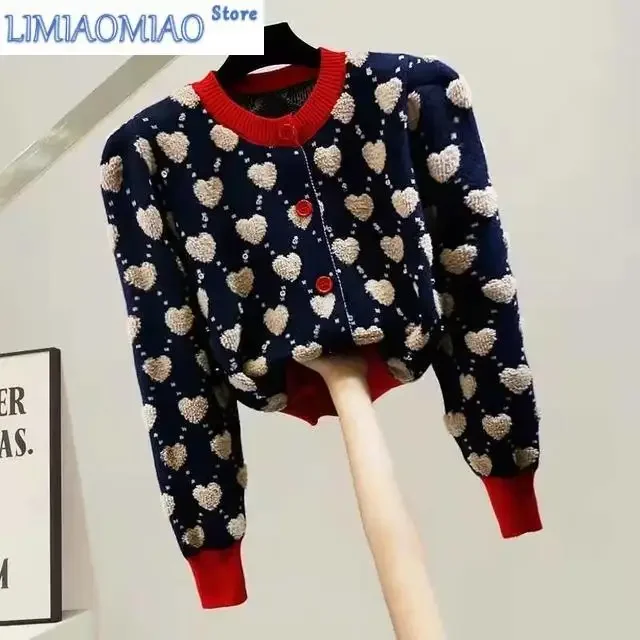 

Новые вязаные женские свитера с круглым вырезом в форме сердца Argyle Diamonds High Street Kawaii, короткие джемперы с длинными рукавами и пуговицами, женские кардиганы
