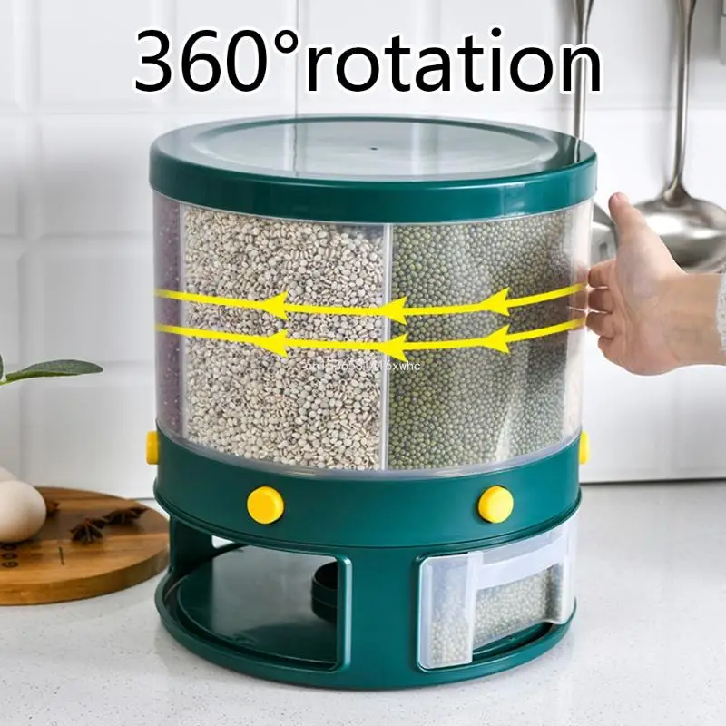 Dropship 10Kg Kitchen Storage Container Rotating Cans for Bulk Cereals Grain Box 6-Grid Rice Bucket