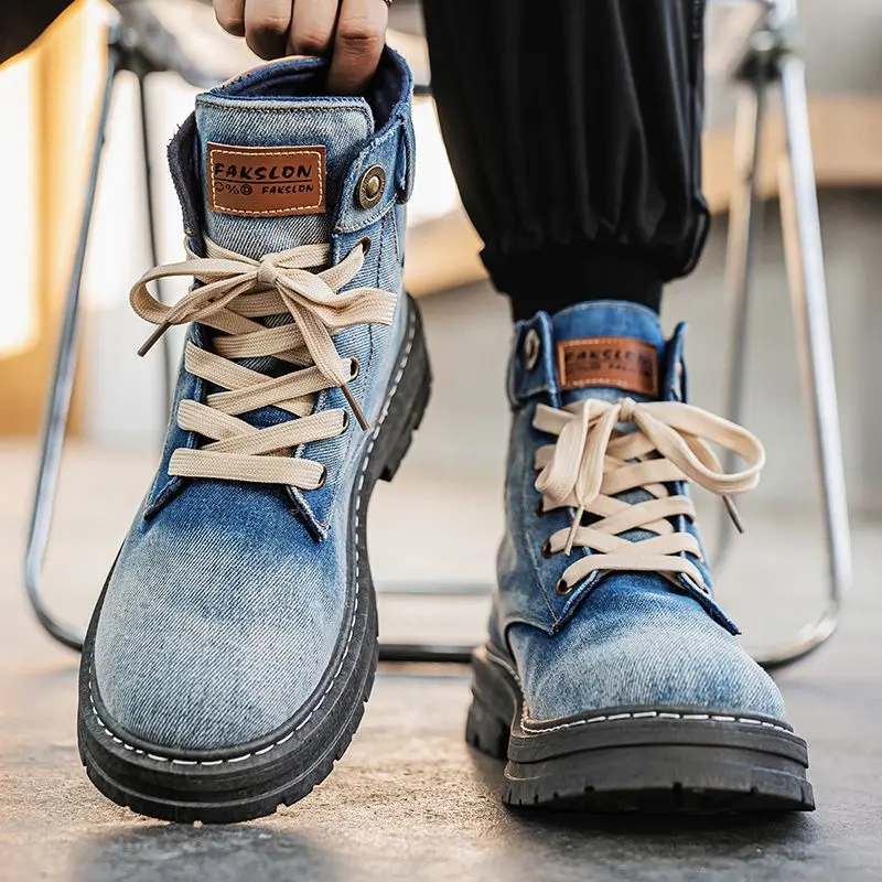 

Большой размер 48, мужские мотоциклетные ботинки весны и осени 2025 года, высокие кеды из ковбойской ткани, повседневные универсальные толстые подошвы, увеличивающие рост