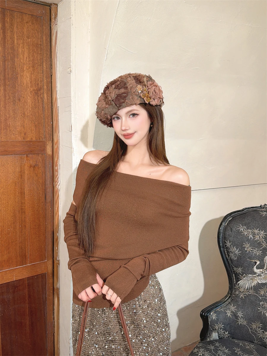 elegant-original-creampp-octagonal-beret-hat-textured-rose-mermaid-water-diamond-flower-cloud-human-word-woolen-women's-hat