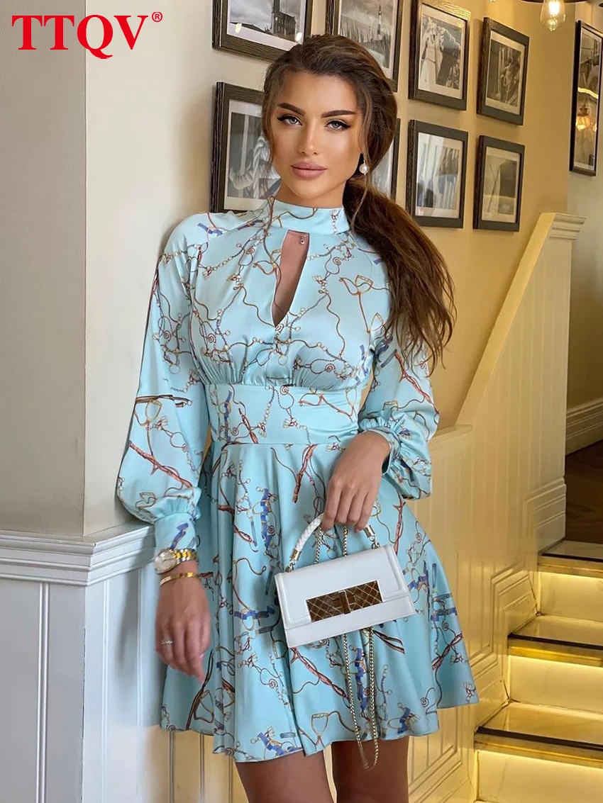

Модное женское платье TTQV с принтом, весна 2026, с воротником-стойкой, длинным рукавом, мини-платье, элегантное классическое женское платье с завышенной талией