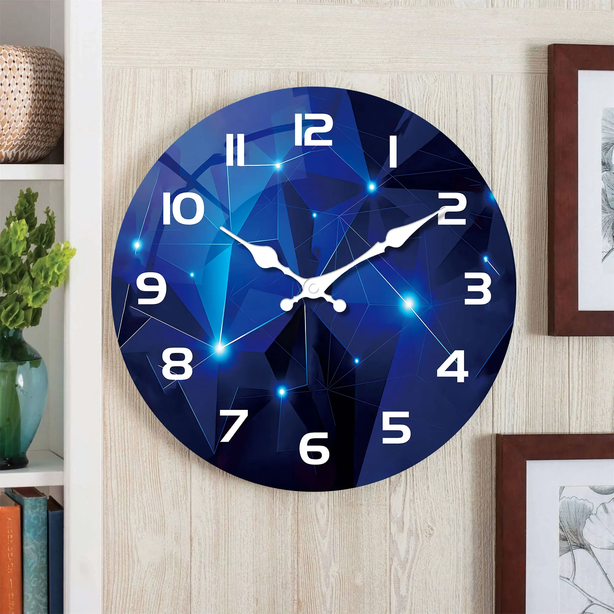 ساعة حائط خشبية قطعة واحدة، عناصر هندسية - ساعة حائط بتصميم خيال أزرق داكن، ساعة كوارتز صامتة، لغرفة المعيشة وغرفة النوم،