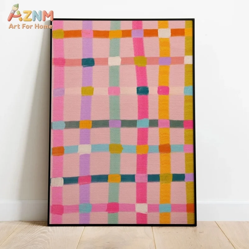 AZNM Pastel Pink Colorful Grid Plaid Canvas Wall Art Abstract Hand Painted Geometric Line Texture Print Unframed Canvas Modern A