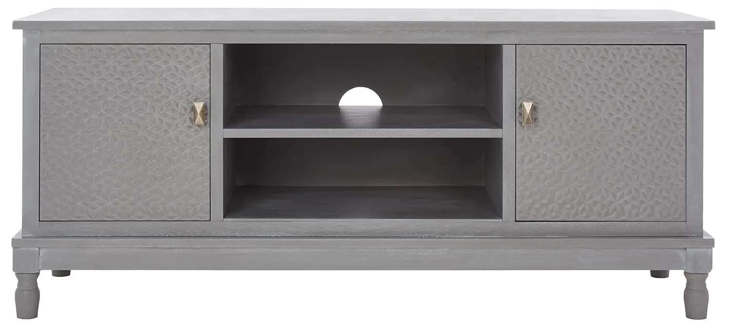 TV Stand Grey 2 Doors Interior Storage 2 Open Shelves Entertainment Media Console For 55