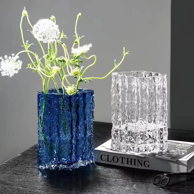 Deep Blue Glacier Textured Glass Vase, Handmade Cylindrical Art Flower Vase for Living Room Tabletop Home Decor