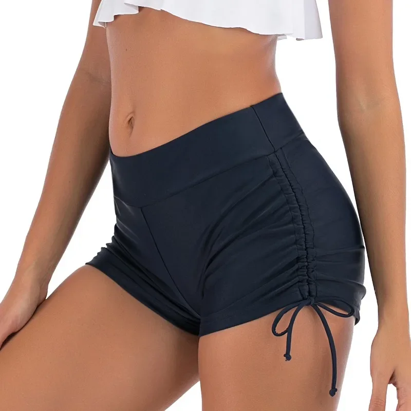 Women Summer Bandage Trunks Swim Shorts New Solid Colors Pleated Beach Shorts Fashion Slim Sexy Swim Bottom Casual All-Match