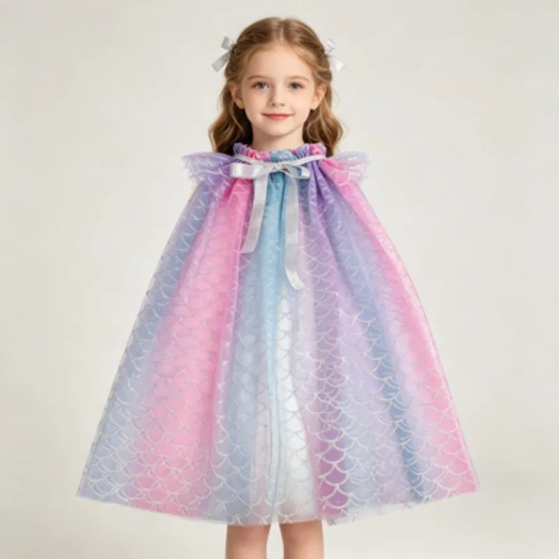 Kids' Halloween Printed Tulle Cape, Shimmer Drawstring Cloak with Fish Scale Pattern for Birthday Parties & Holiday Celebrations - view 6