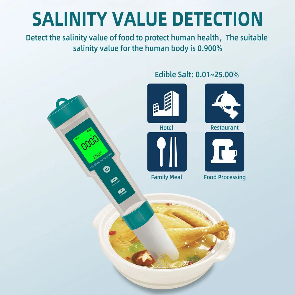 7 in 1 Salinity/PH/TDS/EC/ORP/SG/TEMP LCD backlight Water Quality Meter Tester IP67 Pen Type for Food, Farming, Fish Pond,Soup