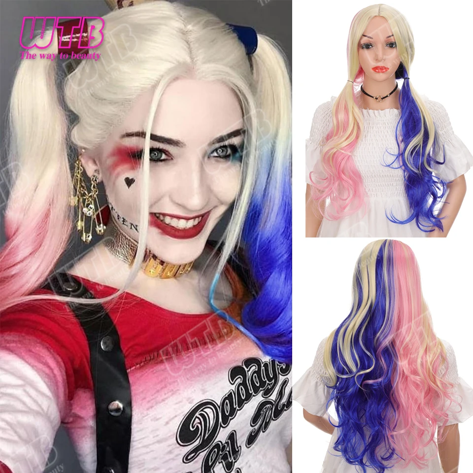 WTB Synthetic Wig Pink and Blue Color Block Large Wavy Curly Wig Suitable for Women to Wear for Holiday Activities and Cosplay
