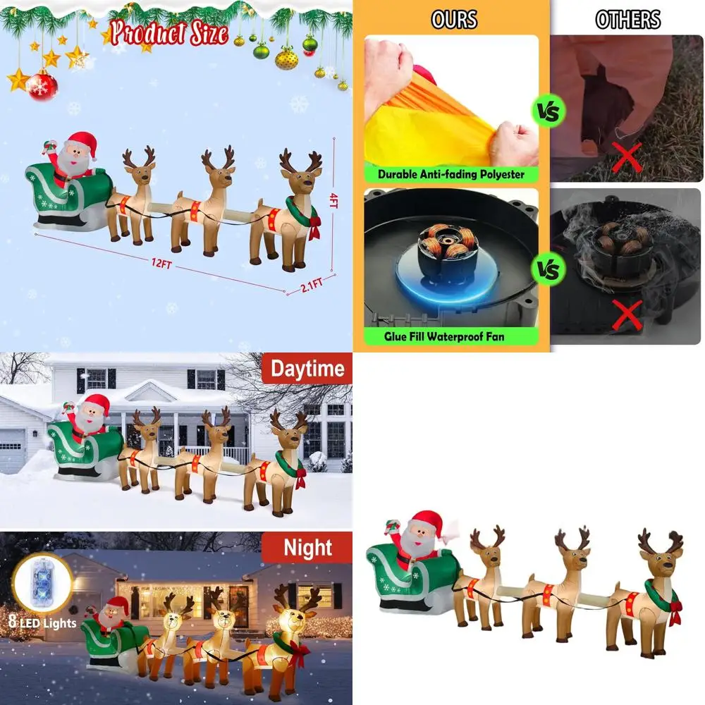 

12-Foot Santa Sleigh with 3 Reindeer Inflatable Outdoor Christmas Decorations, LED-lit for Holiday Parties