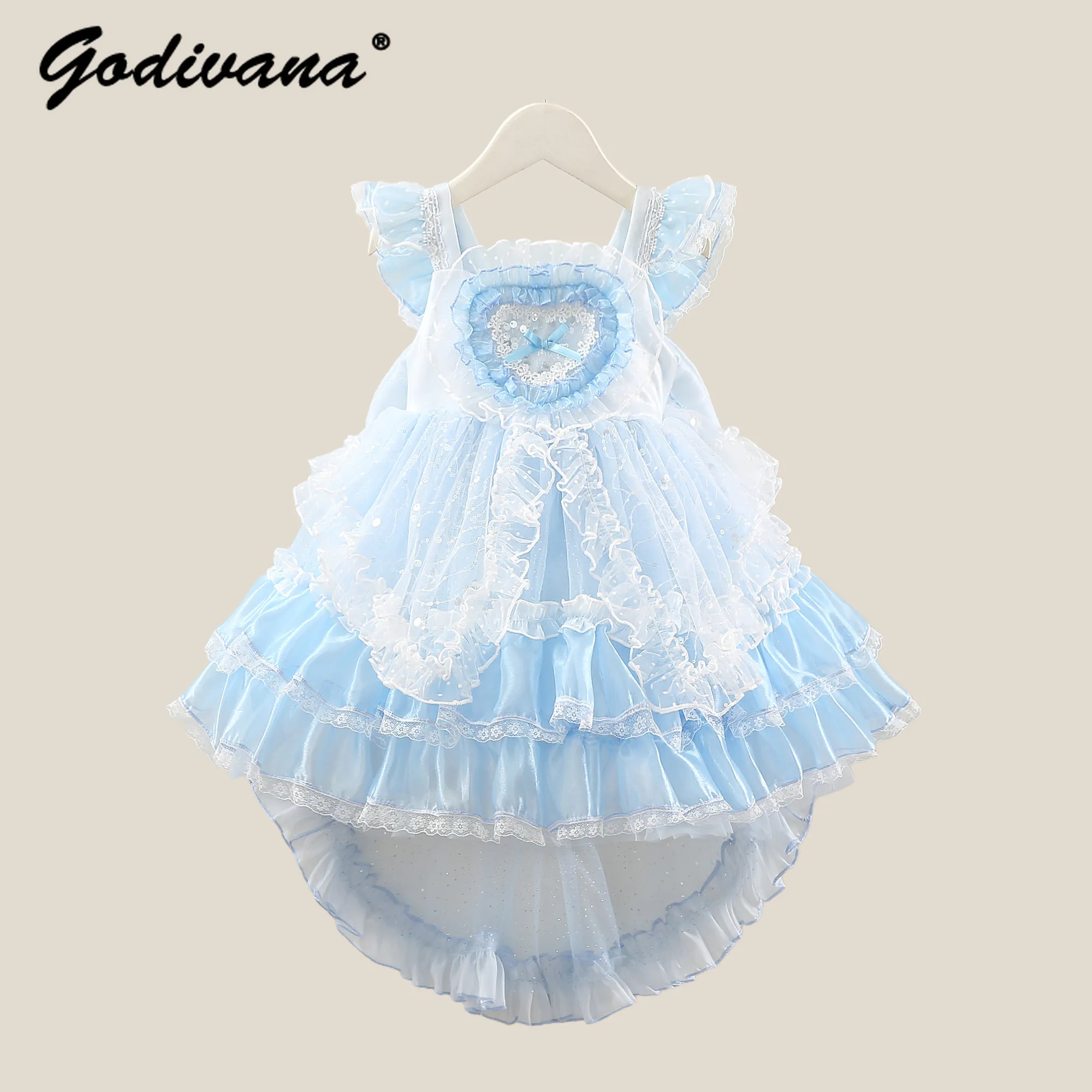 

2026 Summer New Cute Baby Girls High End Heavy Lolita Dress Kids Lace Ruffle Sweet Sleeveless Bow Train Princess Birthday Gown