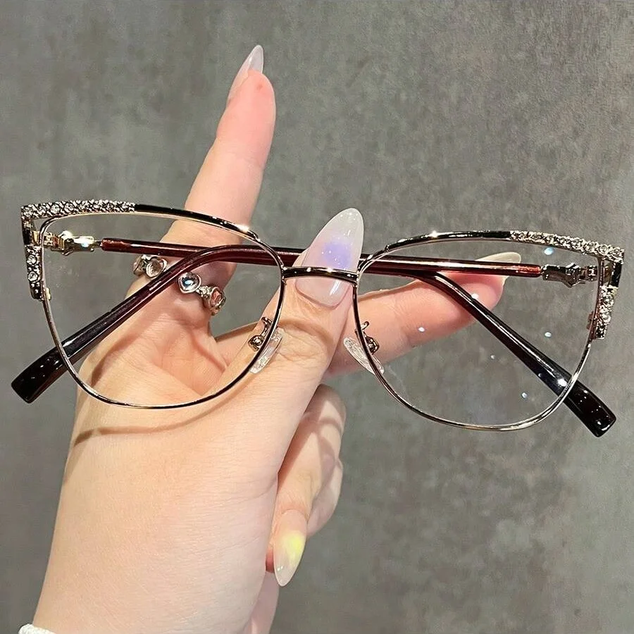 1Pc Women's Fashionable Non-Prescription Glasses New Exquisite Luxury Retro Cat-Eye Diamond-Studded Stylish Ultra-Clear Casual N