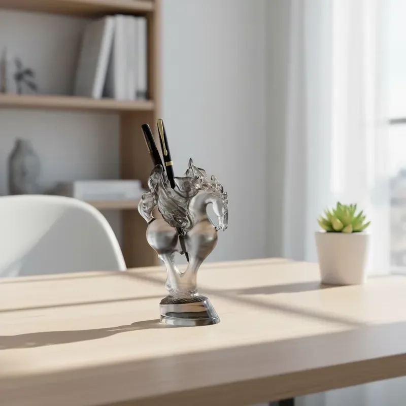 The horse-shaped crystal ornament can also be used as a pen holder, and is available in three colors to fit on a desk or desk