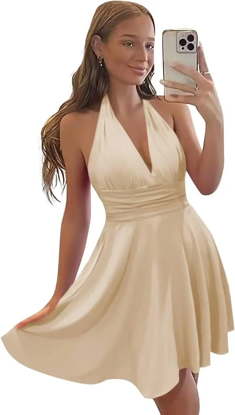 

Pleated Satin Homecoming Dresses Short Halter A-line Formal Mini Prom Party Dresses Evening Dresses Cocktail Graduation Dress