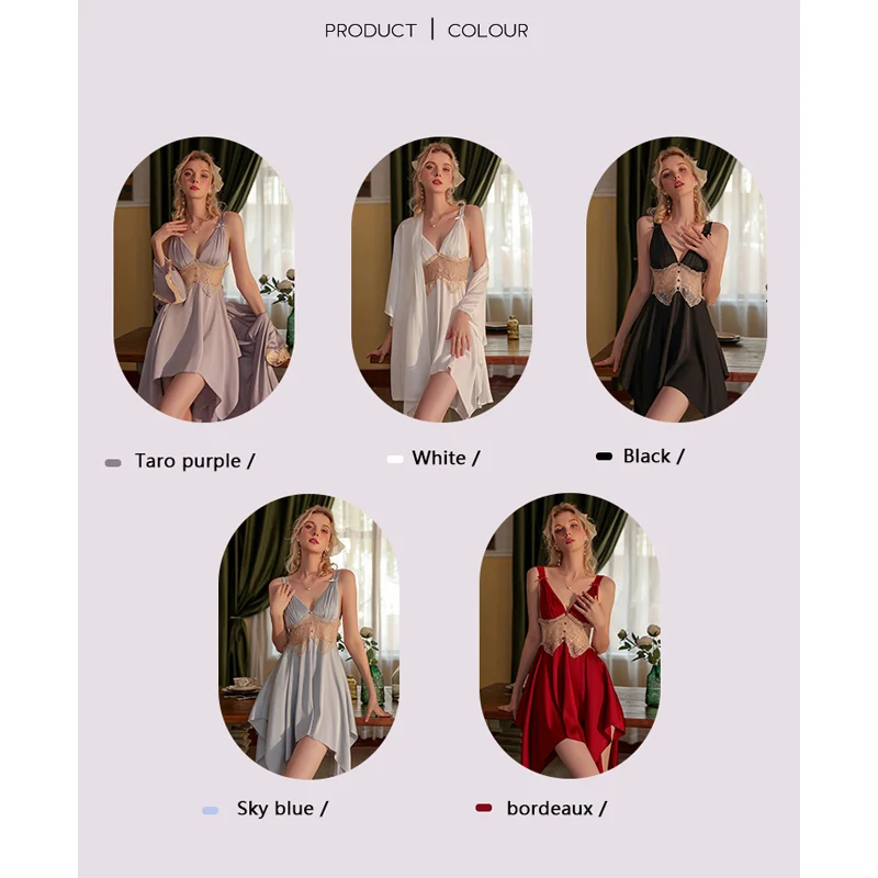 REBEYULIN Brand Silk Robe for Women Night Dress Autumn and Winter Sexy Hot Lace Robe Gown Sets Female Solid Sexy Sleepwear Women