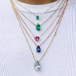Colorful Geometric Single Birthstone Single Big Heart Rectangle Tear Drop Shaped CZ Gold Plated Women Necklace
