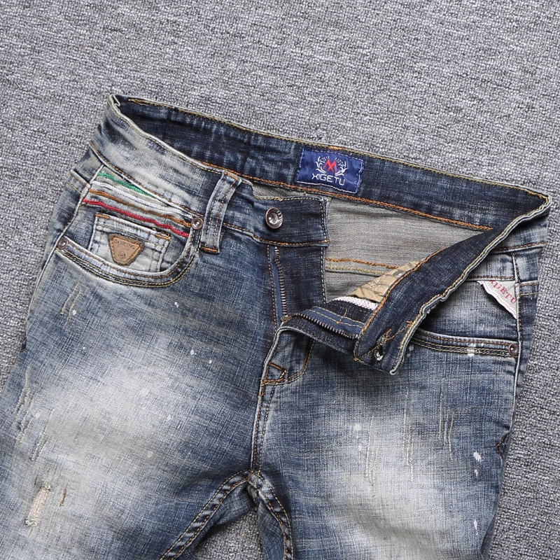 Street Fashion Men Jeans High Quality Retro Gray Blue Elastic Slim Fit Ripped Jeans Men Painted Designer Vintage Pants Hombre